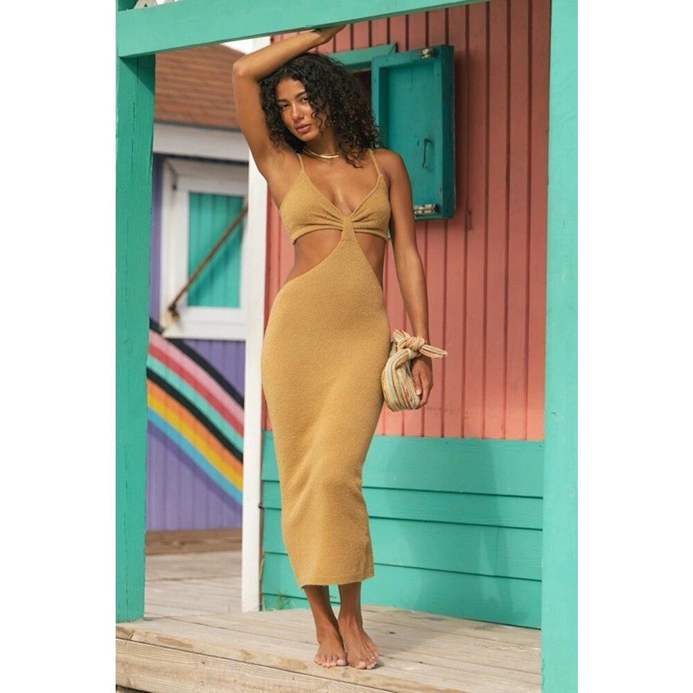 Lulus The Way I Feel Tan Cutout Midi Sweater Dress Size Large NWT - Picture 2 of 7